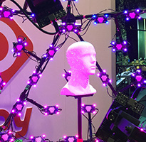 Pink and purple lights shining on a mannequin head.